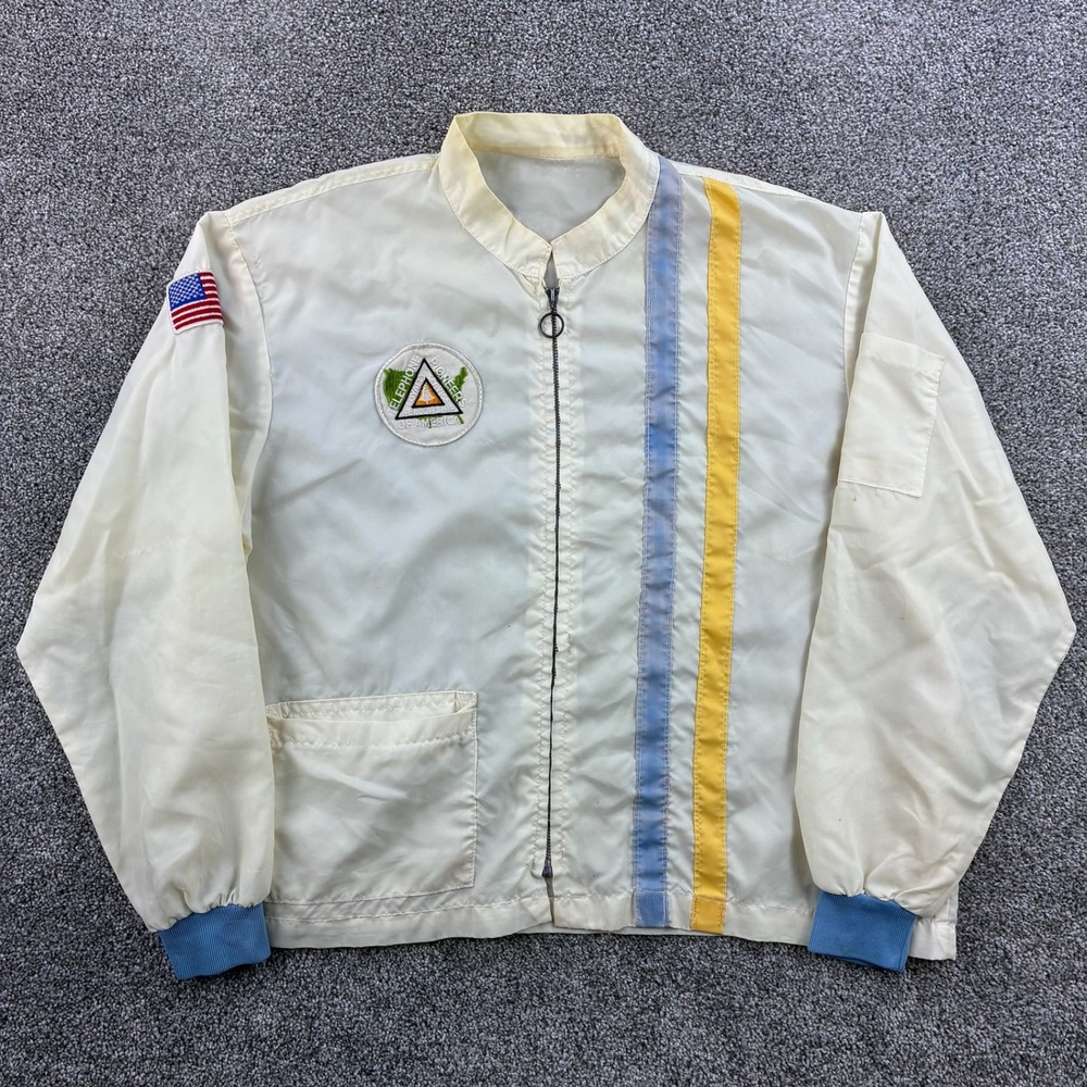 Vintage Telephone Pioneers of America Jacket Mens XL White Racing Windbreaker